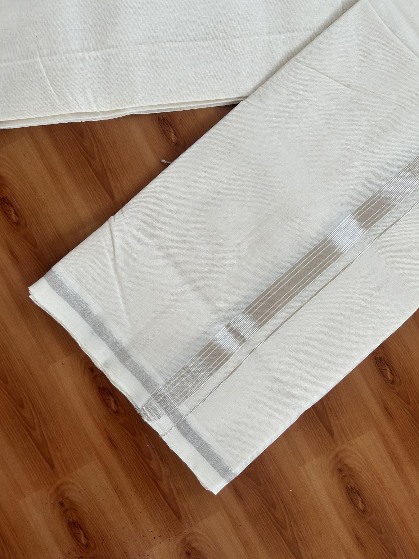 25% Discount ! KaithariKada Handloom Millpaav - Kerala Handloom - 100% Pure Cotton Off White (Unbleached) Double Mundu/Dhoti - 80x90 - 0.75 inch Silver Kasav striped Kara 3.60 mtr (8 Muzham) - 12 KK5383 RAM