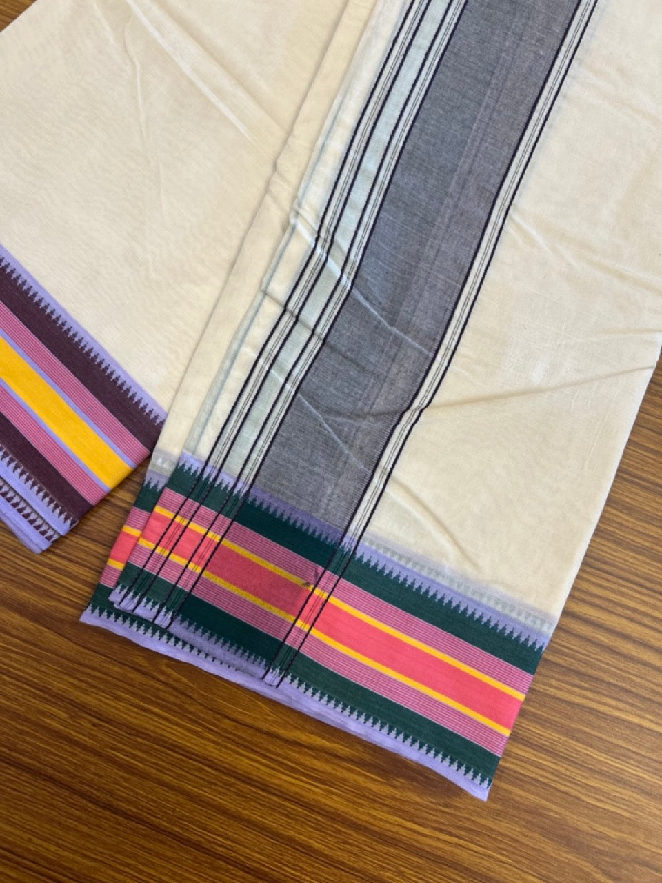 37% Discount! Kaitharikada 100% Cotton Off White - (Unbleached) - Pure Cotton -100x100 thread - North Indian - Attached Gamcha - 9X5 - Dhoti Violet kara with Pink,Yellow, Lavander , Green , Maroon Striped border - 16 KK5306 PMC