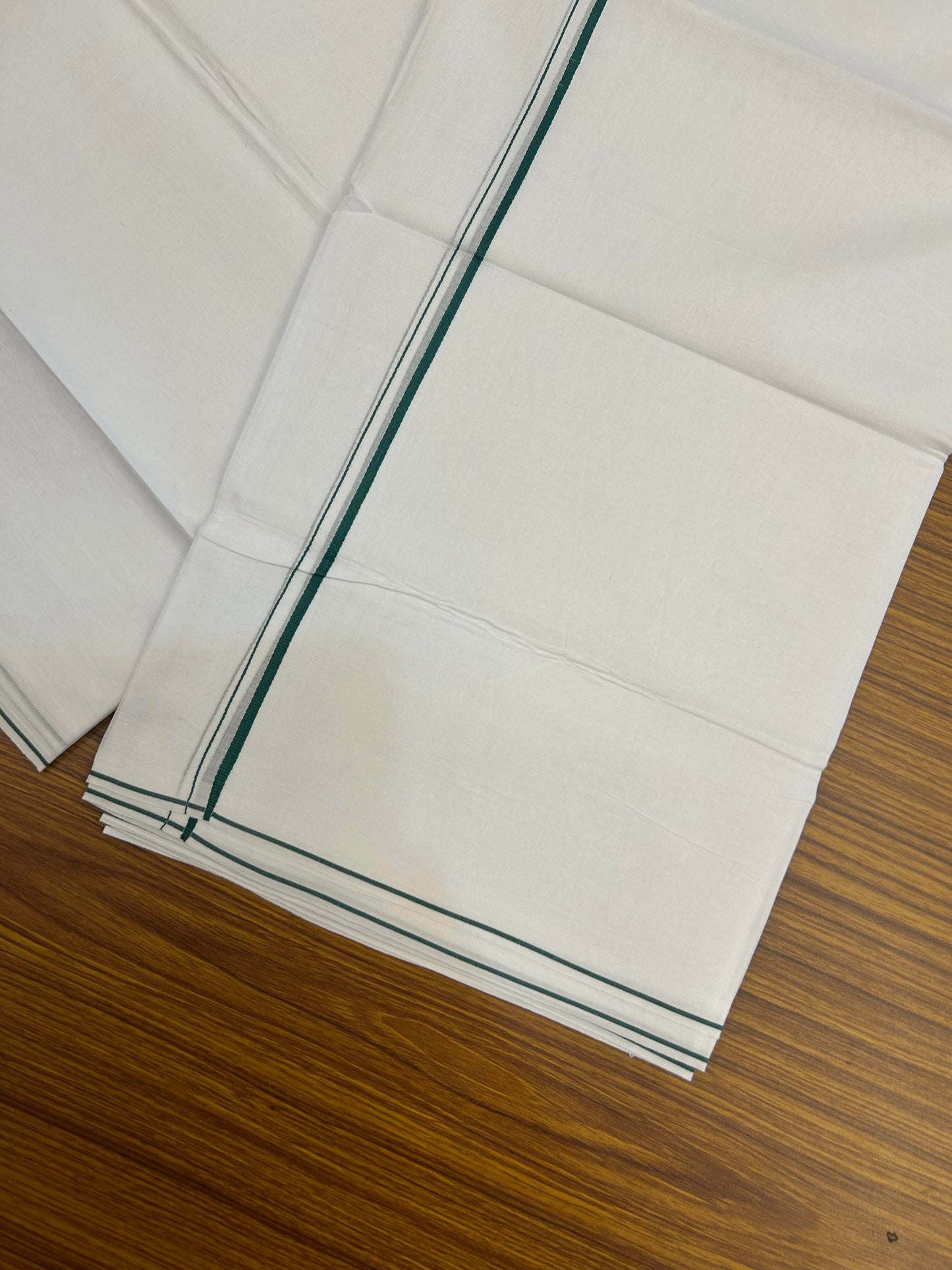 20% Discount!! New!! KaithariKada Balaramapuram 100% Cotton Pure White Double Mundu / Dhoti - (100x80)s - 0.25 inch Green Kara - 105 KK5363 VIN