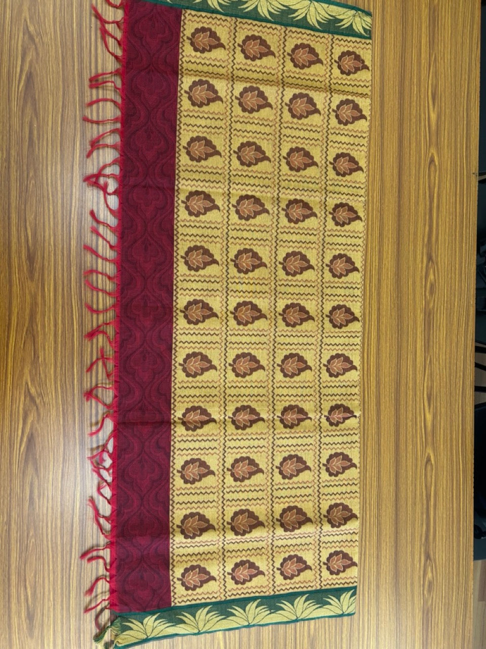Kerala Colour Cotton Saree - Dark Reddish Pink Green & Sand Brown Flower Design Kara - Kaitharikada - 4KK1008RJT