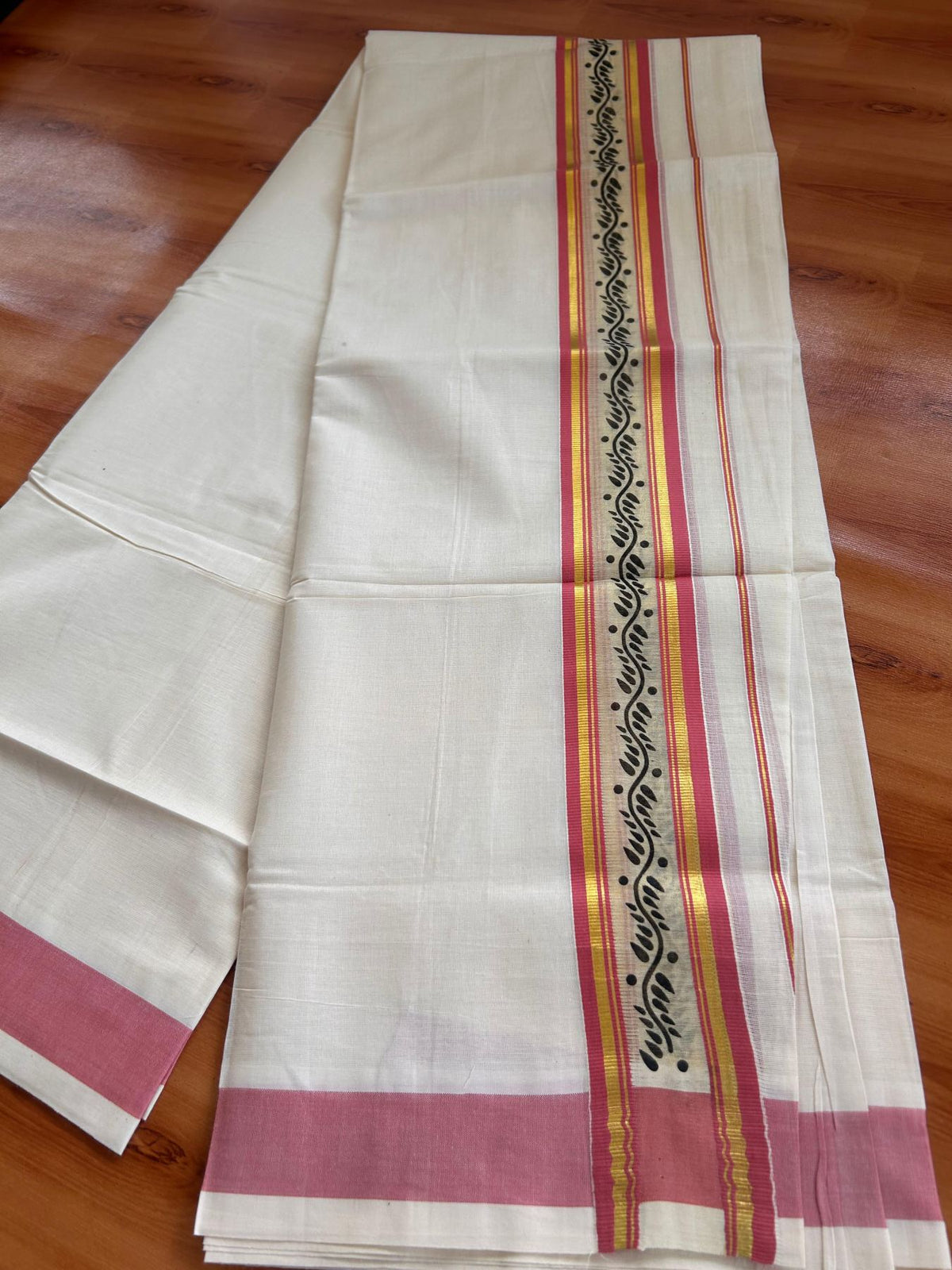 Off White (Unbleached) Double Mund/Dhoti - 20% Discount ! KaithariKada Mixed Cotton - 80x72 - 2.25 inch Pinkish Peach & Gold Kasav Tissue Printed Design Kara 4 mtr (8.5 Muzham) - 28 KK5220 PMC