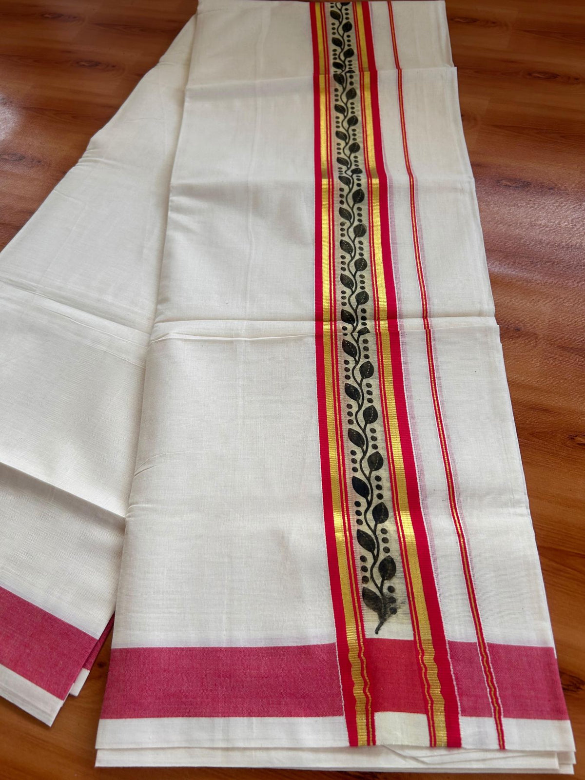Off White (Unbleached) Double Mund/Dhoti - 20% Discount ! KaithariKada Mixed Cotton - 80x72 - 2.25 inch Pinkish Red & Gold Kasav Tissue Printed Design Kara 4 mtr (8.5 Muzham) - 29 KK5220 PMC