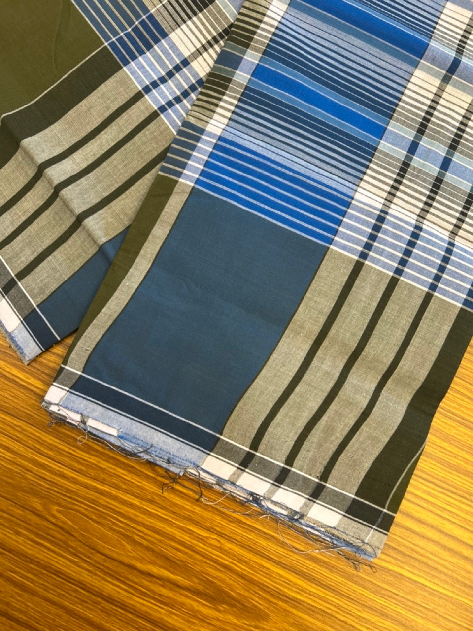 Premium Kathar Type Mund Pure cotton - Kaitharikada - Single Kaily / Lungi - 0.5 inch white Border with Blue , Olive Green & White Stripes body (2 meter / 4 muzham) - 15 KK5306 MUT