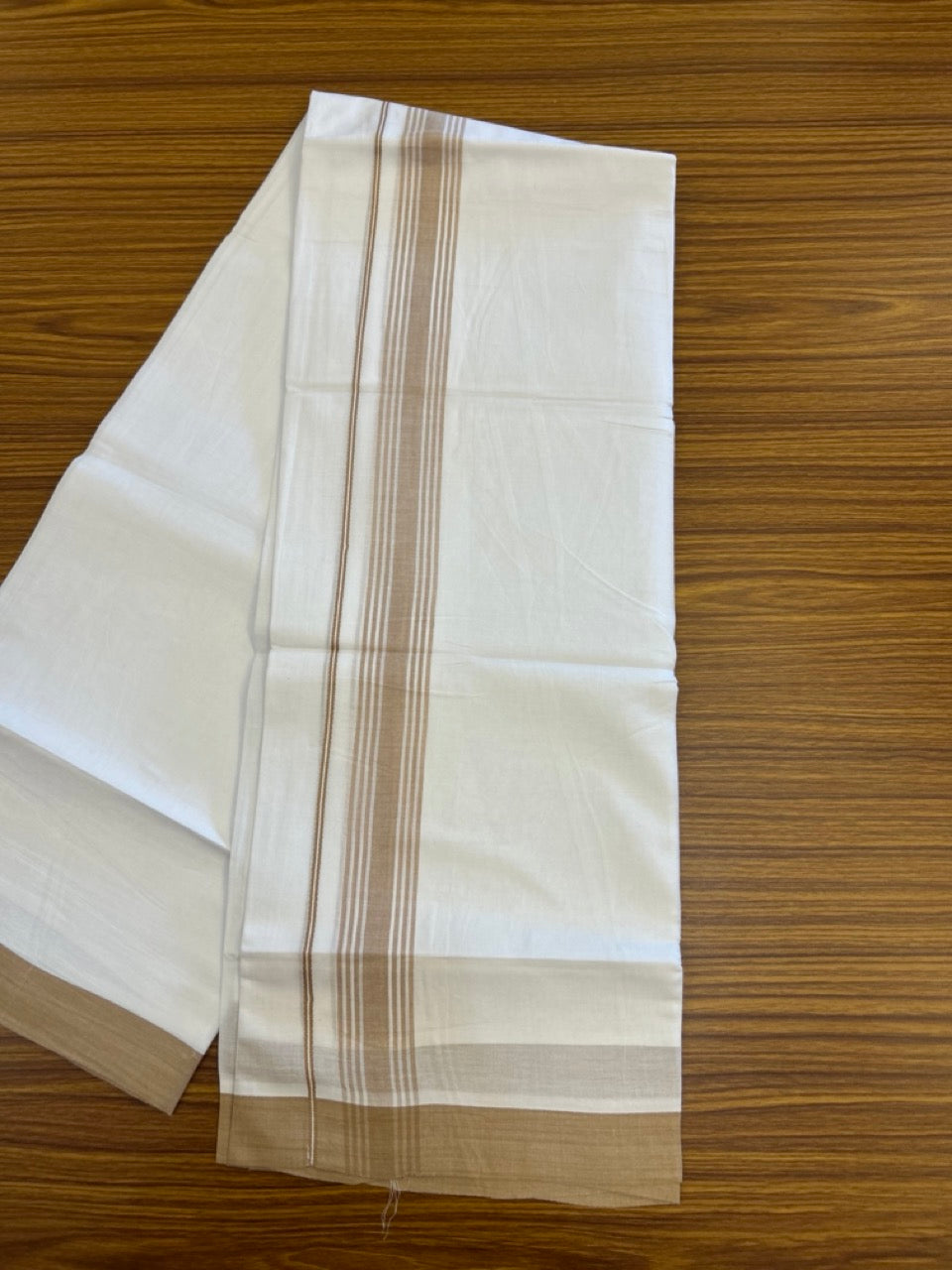 22% Discount ! Kaitharikada Balaramapuram 100% Cotton Pure White Double Mundu/Dothi - 60s - 1.5 inch Sand Brown Shaded Striped Kara 3.80 mtr (8 muzham) - 11 KK5306 THI
