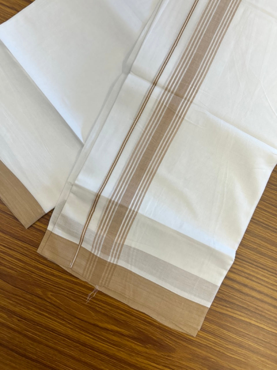 22% Discount ! Kaitharikada Balaramapuram 100% Cotton Pure White Double Mundu/Dothi - 60s - 1.5 inch Sand Brown Shaded Striped Kara 3.80 mtr (8 muzham) - 11 KK5306 THI