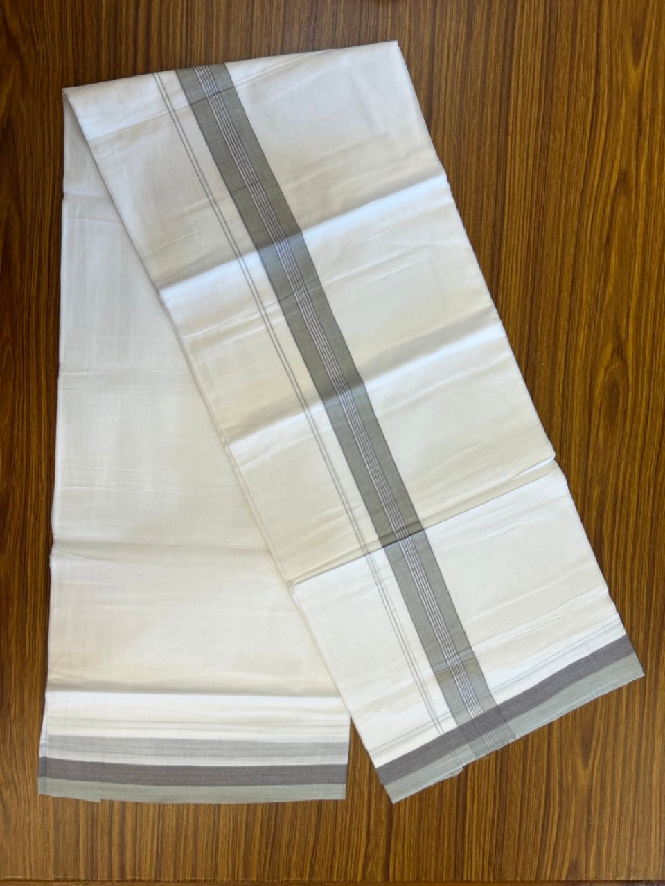 20% Discount! KaithariKada Balaramapuram 100% Cotton Double Pure white Mundu/Dhoti- 100X80 - 1.5 inch Brown & Mint Green striped Shaded kara - 3.90mtr ( 8 muzham) - 12 KK5306 VIN