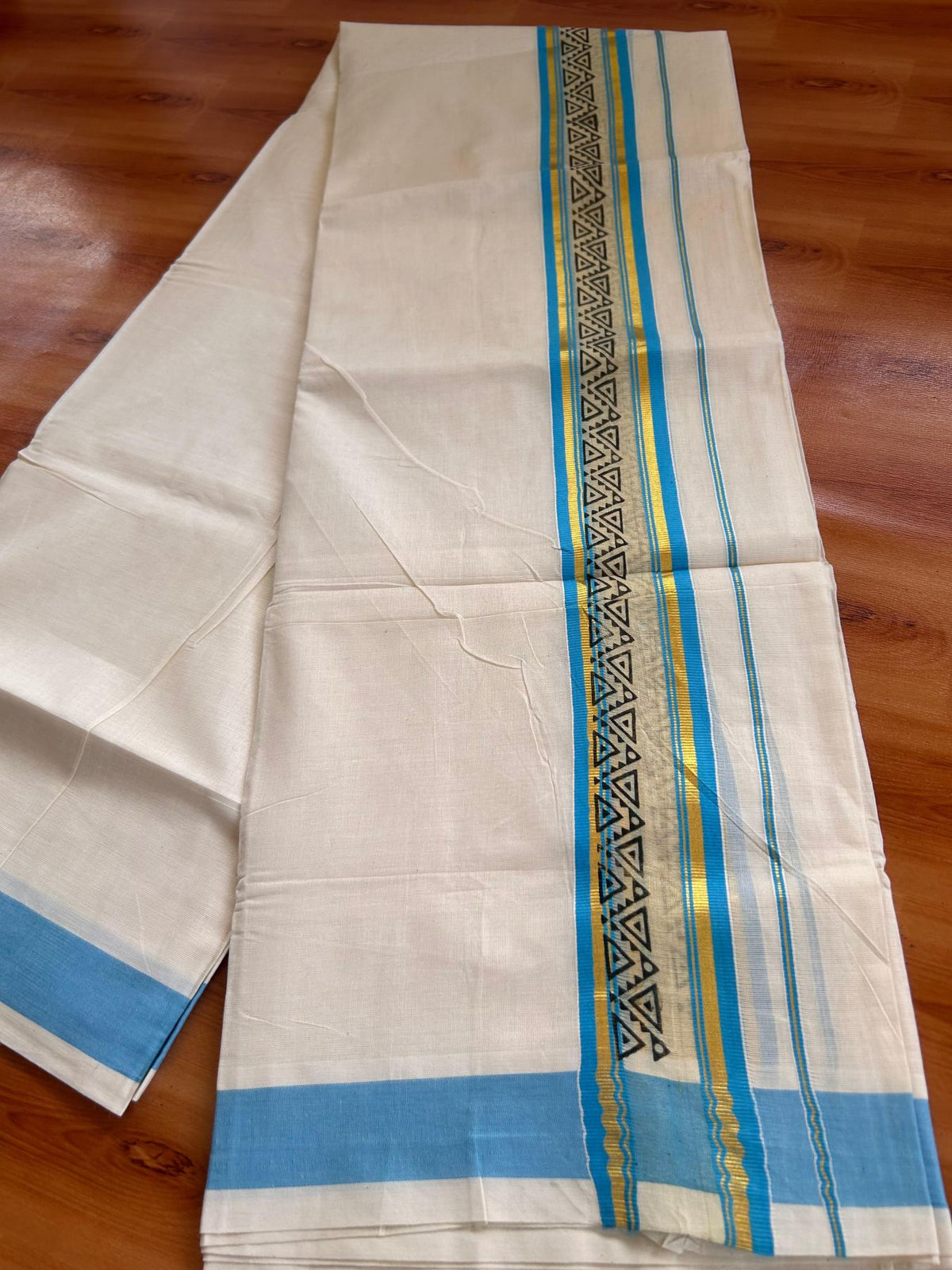 Off White (Unbleached) Double Mund/Dhoti - 20% Discount ! KaithariKada Mixed Cotton - 80x72 - 2.25 inch Light Blue & Gold Kasav Tissue Printed Design Kara 4 mtr (8.5 Muzham) - 34 KK5220 PMC