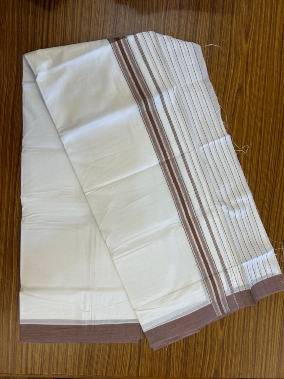 20% Discount ! KaithariKada Balaramapuram 100% Cotton Double Pure White Mundu/Dhoti - 100X80 - 6.5 inch Silver Kasav & Navy Blue Stripes kara 3.90 mtr (8 muzham) - 5 KK5306 PMC