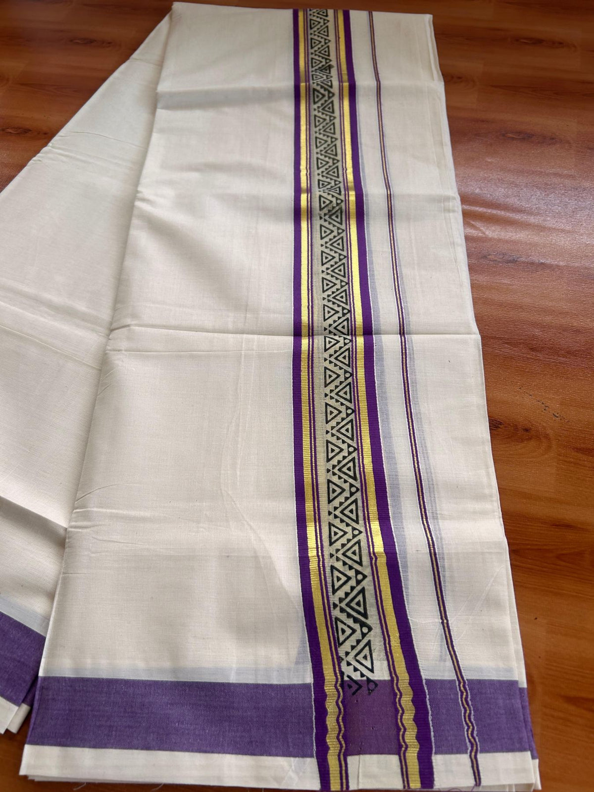 Off White (Unbleached) Double Mund/Dhoti - 20% Discount ! KaithariKada Mixed Cotton - 80x72 - 2.25 inch Purple & Gold Kasav Tissue Printed Design Kara 4 mtr (8.5 Muzham) - 32 KK5220 PMC