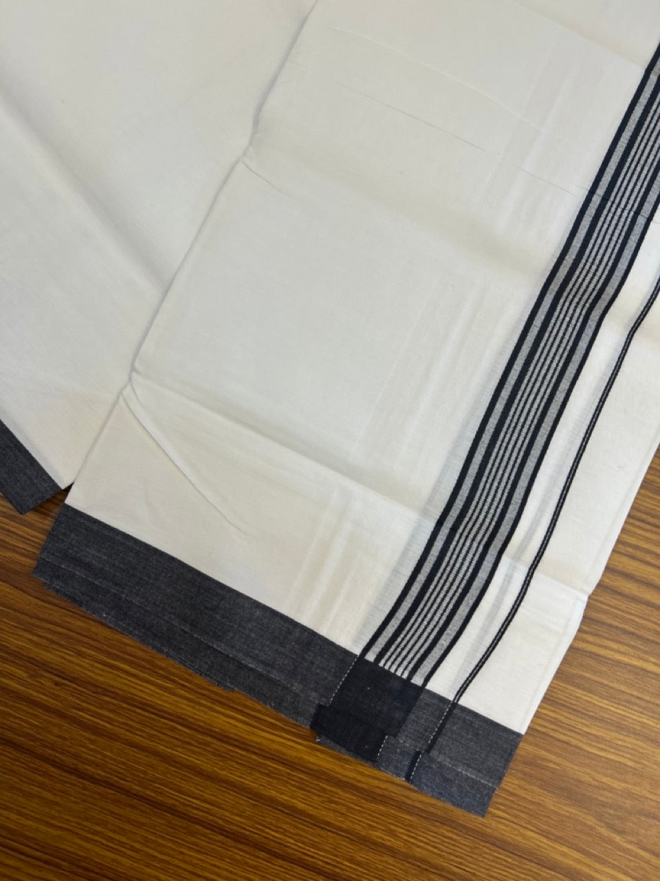 Single Pure white - Kaitharikada 100% Cotton 40s Thread Mundu / Dothi - 1 inch Black Stripes Kara (2 meters / 4 mulam) - 6 KK5306 THI