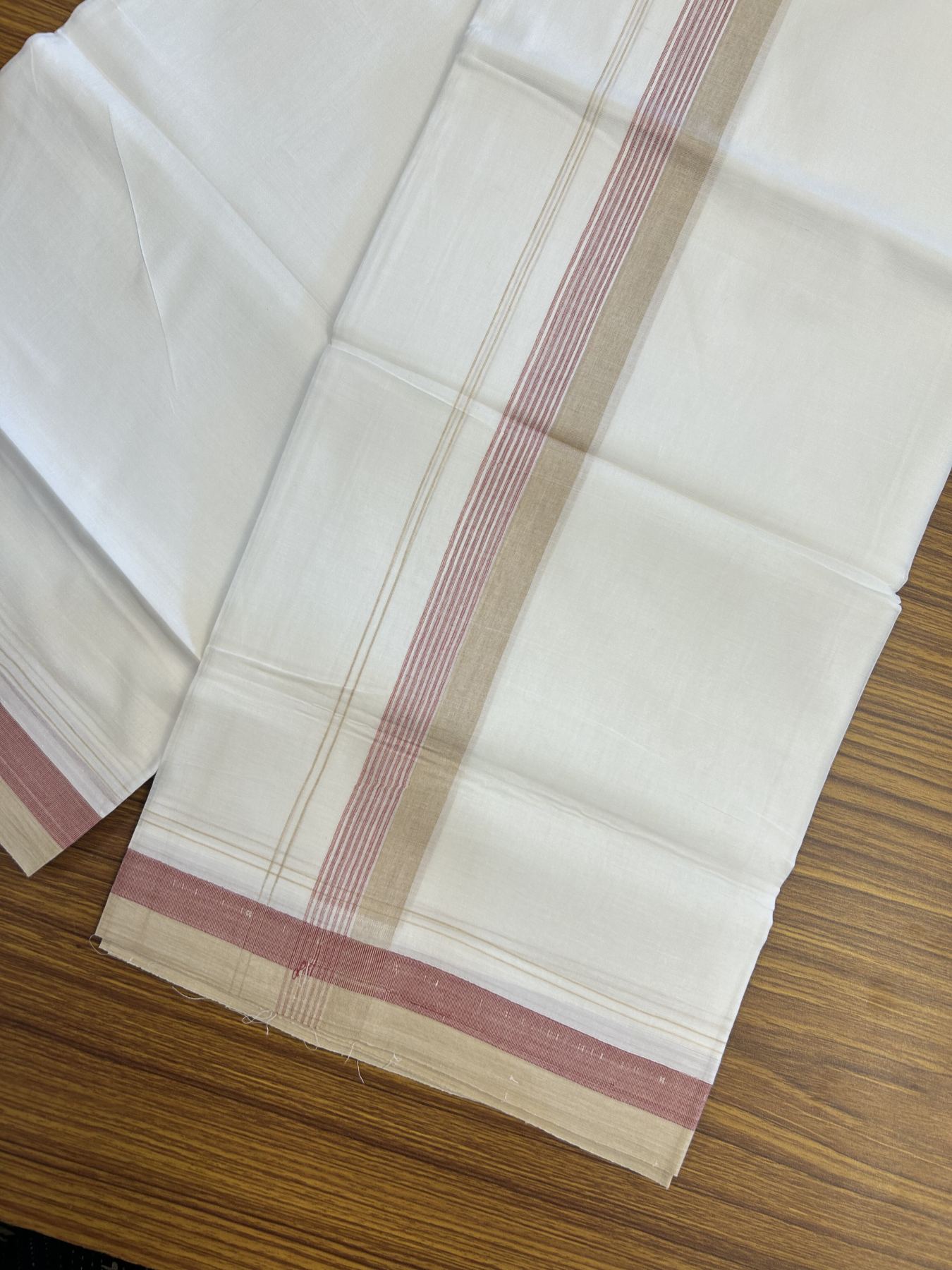 20% Discount! KaithariKada Balaramapuram 100% Cotton Double Pure white Mundu/Dhoti- 100X80 - 1.5 inch Cream & Rose Pink kara - 4 mtr ( 8.5 muzham) - 8 KK5341 VIN