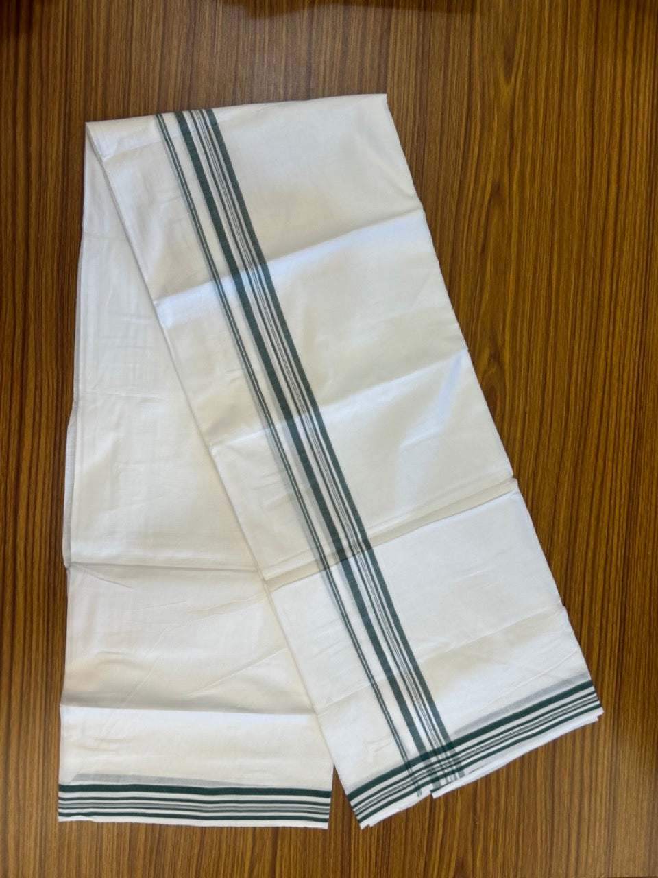 20% Discount ! Kaitharikada Balaramapuram 100% Cotton Pure White Double Mundu/Dothi - 100x80 - 1.25 inch Green Shaded Striped Kara 3.90 mtr (8 muzham) - 9 KK5306 THI