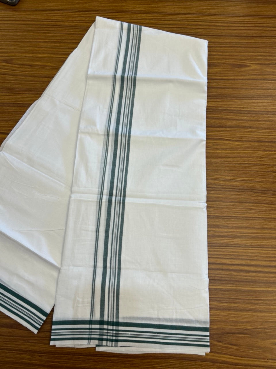 20% Discount ! Kaitharikada Balaramapuram 100% Cotton Pure White Double Mundu/Dothi - 100x80 - 1.25 inch Green Shaded Striped Kara 3.90 mtr (8 muzham) - 9 KK5306 THI