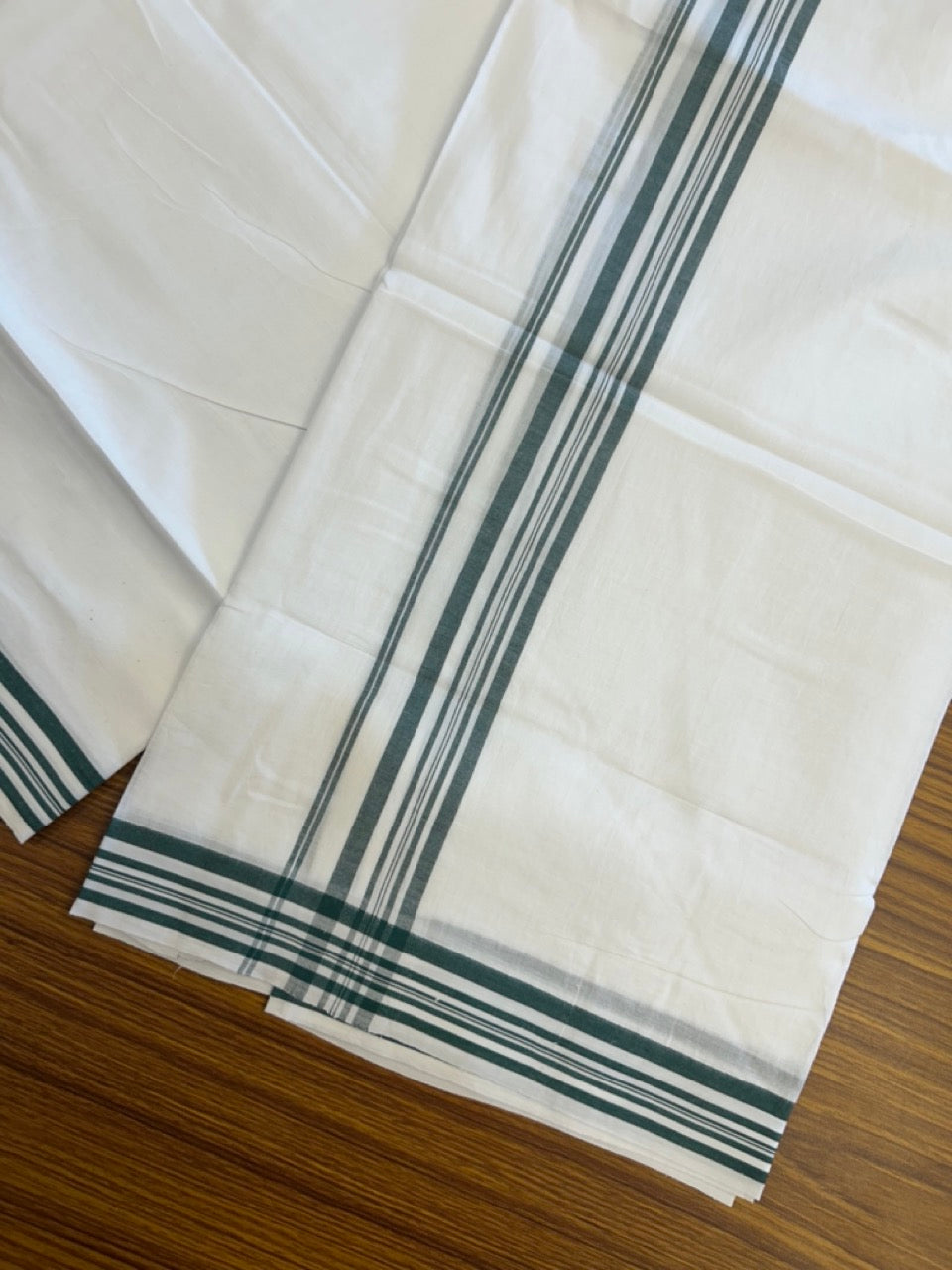 20% Discount ! Kaitharikada Balaramapuram 100% Cotton Pure White Double Mundu/Dothi - 100x80 - 1.25 inch Green Shaded Striped Kara 3.90 mtr (8 muzham) - 9 KK5306 THI