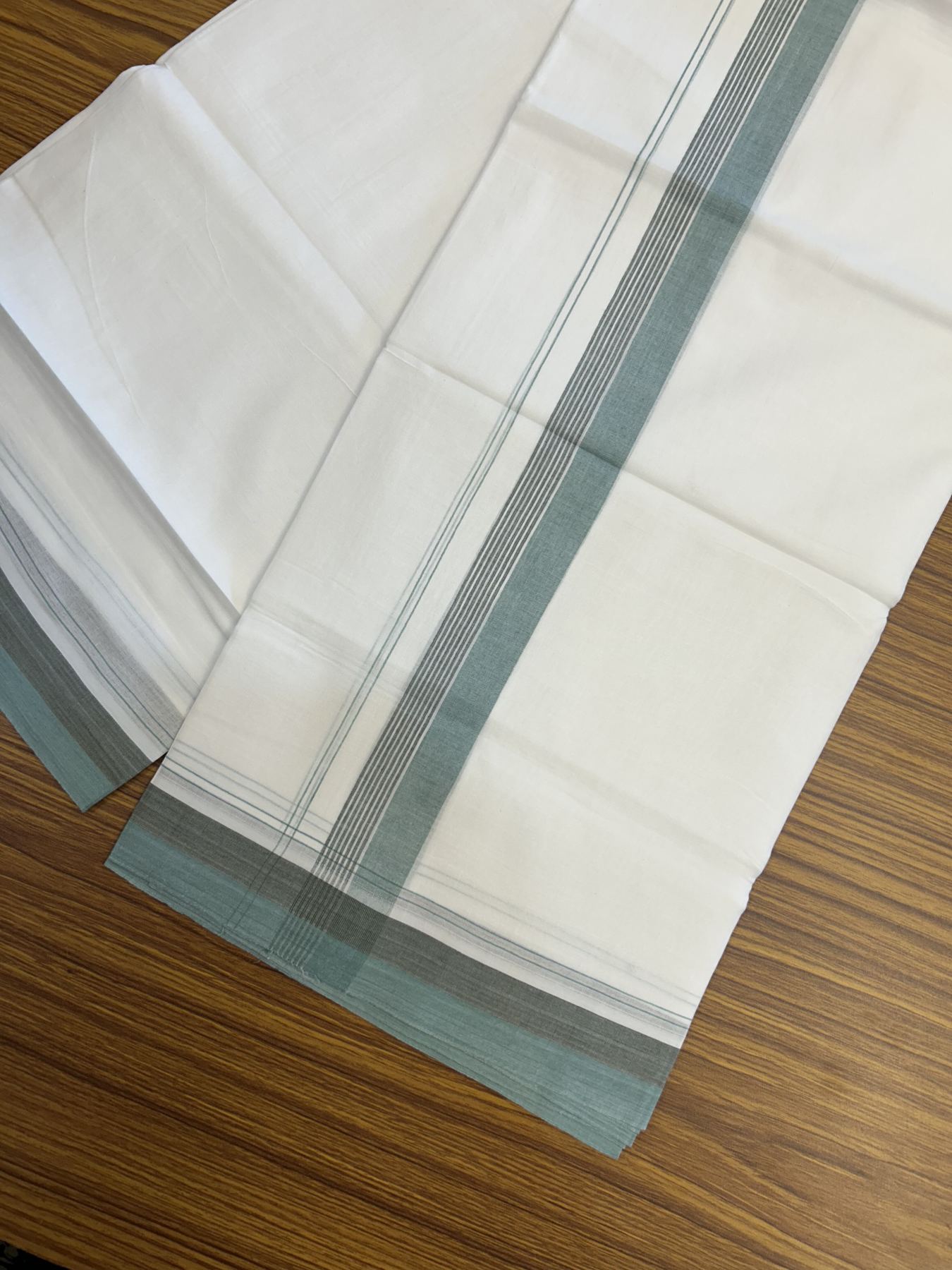 20% Discount! KaithariKada Balaramapuram 100% Cotton Double Pure white Mundu/Dhoti- 100X80 - 1.5 inch Brown & Light Sea Green kara - 4 mtr ( 8.5 muzham) - 9 KK5341 VIN