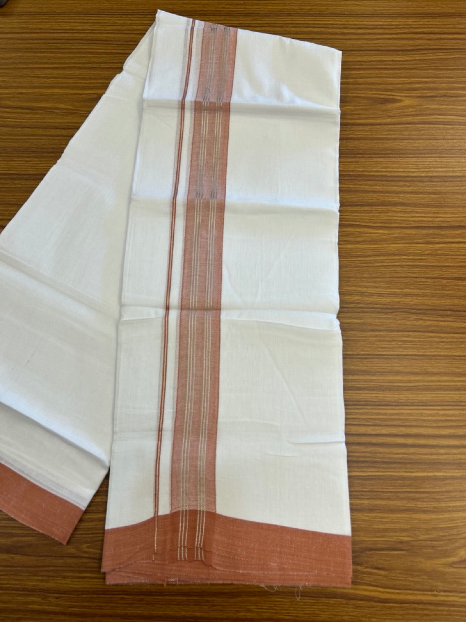 Linen Dhoti New! 20% Discount from Kaitharikada.com - Double Mundu/Dhoti 80x90 Thread Pure White - Pure Cotton + Linen - 1.75 Inch Brick Orange & Silver Kasav Striped Kara 4 mtr (8.5 muzham) - 1 KK5306 THI