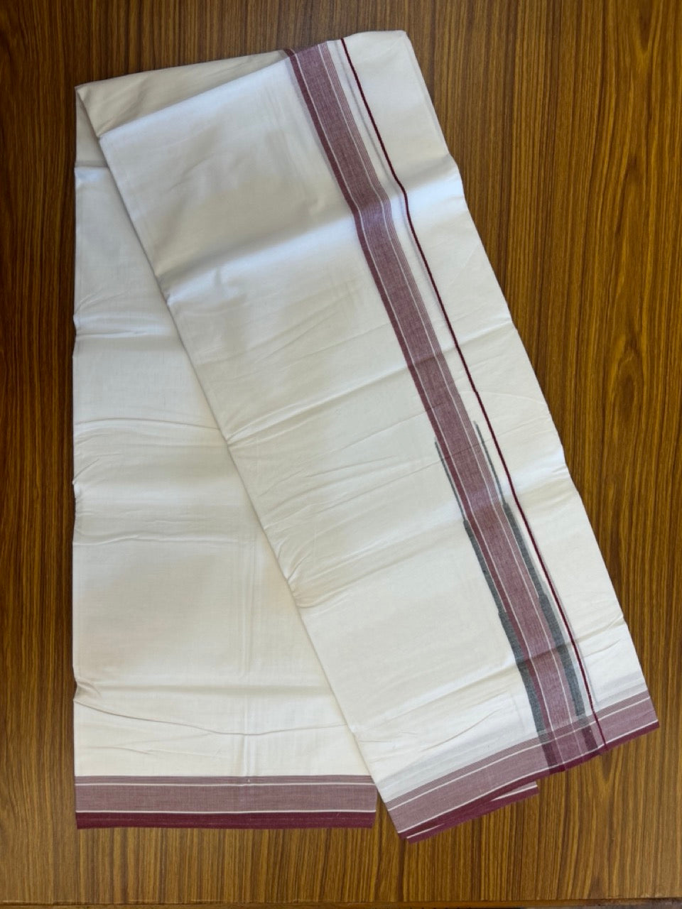 20% DISCOUNT!! Kaitharikada Balaramapuram 100% Cotton Pure White Double Mundu/Dothi-80X90 - 1.75 Inch Magenta & Black Striped Chutty Kara 3.70m (8 Muzham) - 4 KK5306 THI
