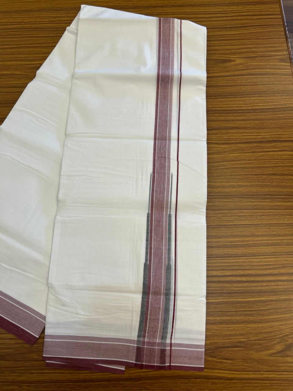 20% DISCOUNT!! Kaitharikada Balaramapuram 100% Cotton Pure White Double Mundu/Dothi-80X90 - 1.75 Inch Magenta & Black Striped Chutty Kara 3.70m (8 Muzham) - 4 KK5306 THI