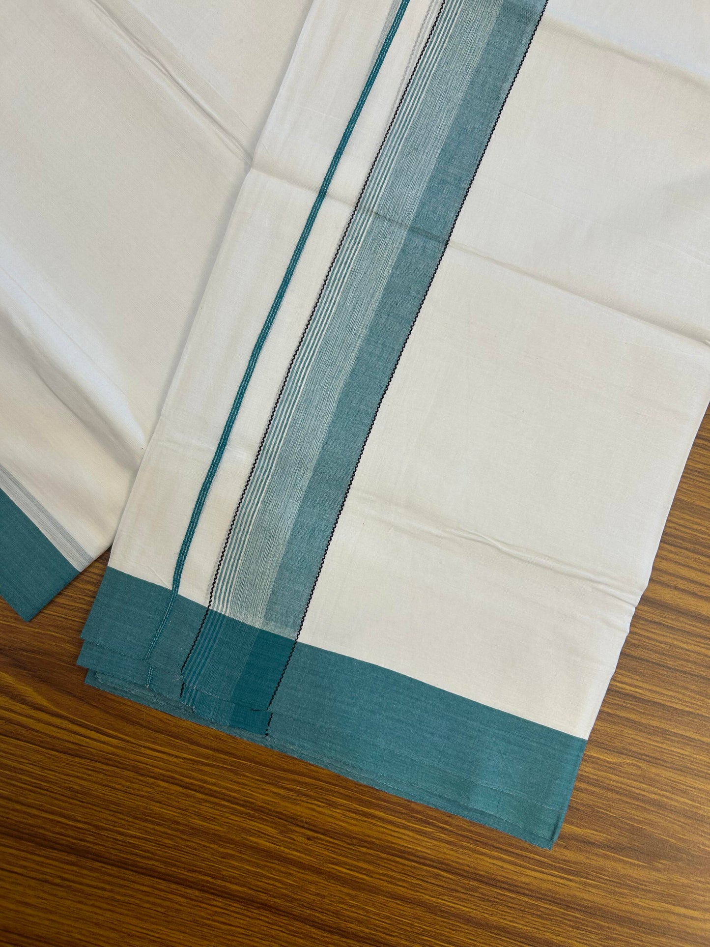 20% Discount ! KaithariKada Balaramapuram 100% Cotton Pure white Double Mundu/Dhoti - 100x80 - 1.75 inch Blue Green & Black Shaded Kara 4 M (8.5 muzham) - 62 KK5363 VIN