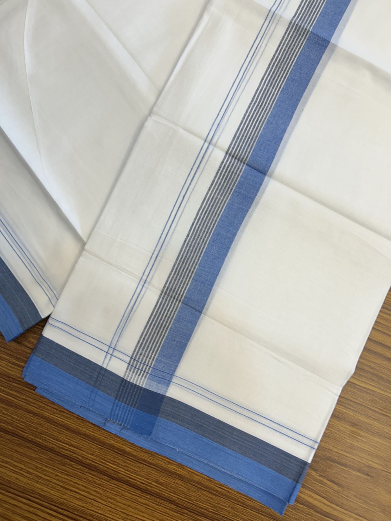 20% Discount! KaithariKada Balaramapuram 100% Cotton Double Pure white Mundu/Dhoti- 100X80 - 1.5 inch Blue & Dark Blue kara - 4 mtr ( 8.5 muzham) - 10 KK5341 VIN