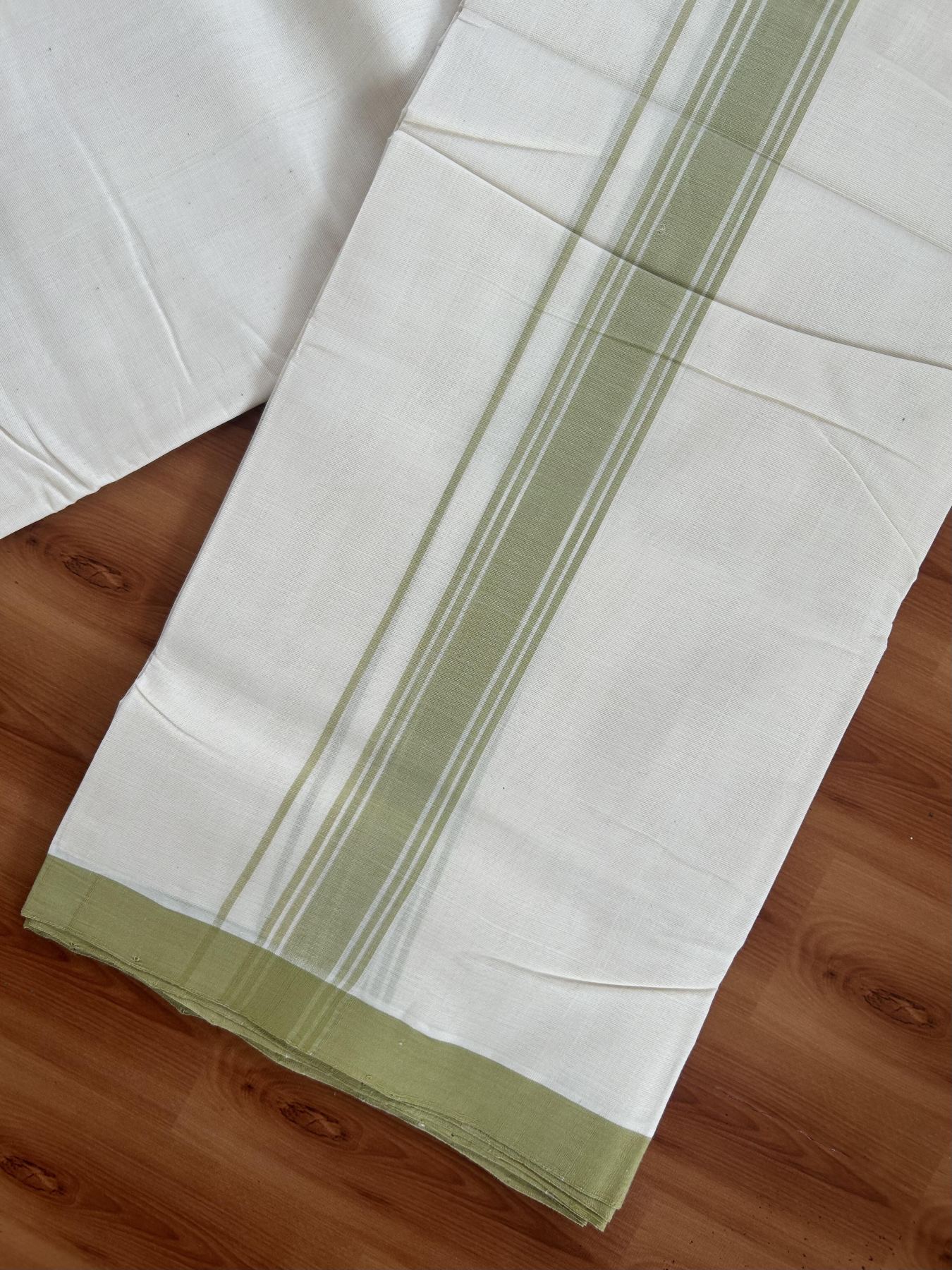 25% Discount! KaithariKada Handloom Millpaav - Kerala Handloom - Cotton Double Mundu/Dhoti Off white (Unbleached) - 80x90 - 1.75 inch Pista Green Shaded Stripes Kara 3.80 meter (8 Muzham) - 36 KK5383 RAM