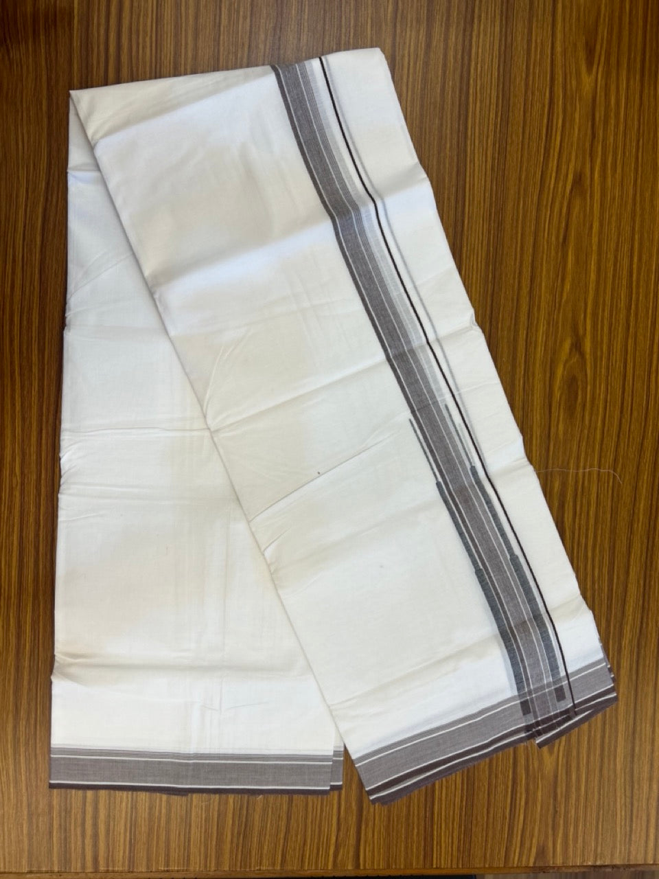 20% DISCOUNT!! Kaitharikada Balaramapuram 100% Cotton Pure White Double Mundu/Dothi-80X90 - 1.75 Inch Brown & Black Striped Chutty Kara 3.70m (8 Muzham) - 3 KK5306 THI