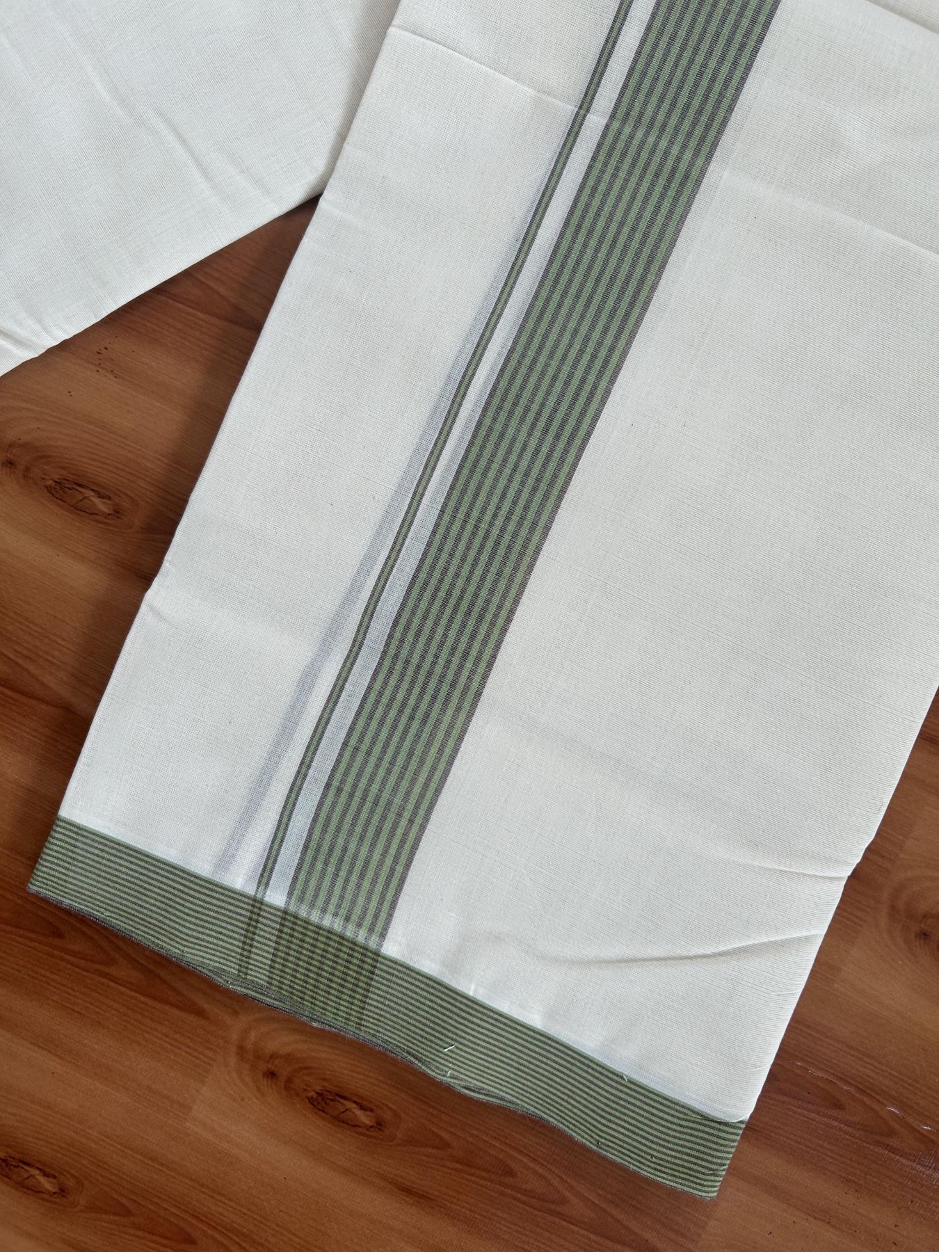 25% Discount! KaithariKada Handloom Millpaav - Kerala Handloom - Cotton Double Mundu/Dhoti Off white (Unbleached) - 80x90 - 1.5 inch Green & Brown Shaded Stripes Kara - 25 KK5383 RAM