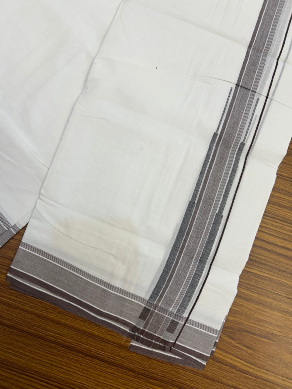 20% DISCOUNT!! Kaitharikada Balaramapuram 100% Cotton Pure White Double Mundu/Dothi-80X90 - 1.75 Inch Brown & Black Striped Chutty Kara 3.70m (8 Muzham) - 3 KK5306 THI