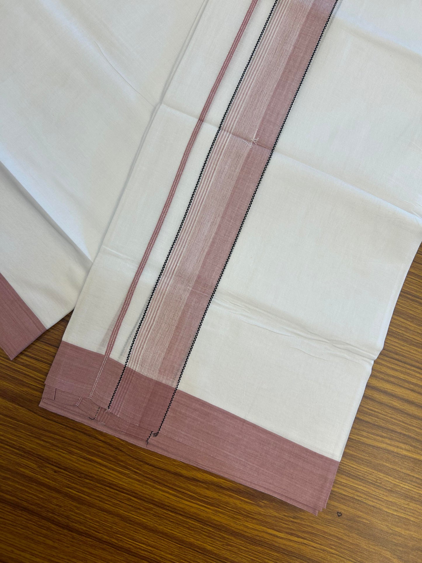 20% Discount ! KaithariKada Balaramapuram 100% Cotton Pure white Double Mundu/Dhoti - 100x80 - 1.75 inch Dusty Rose & Black Shaded Kara 4 M (8.5 muzham) - 59 KK5363 VIN