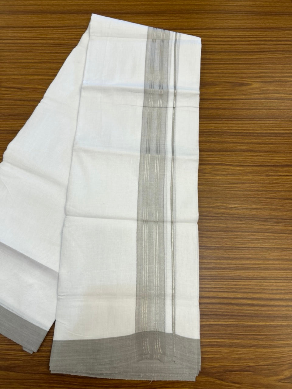 Linen Dhoti New! 20% Discount from Kaitharikada.com - Double Mundu/Dhoti 80x90 Thread Pure White - Pure Cotton + Linen - 1.75 Inch Light Grey & Silver Kasav Striped Kara 4 mtr (8.5 muzham) - 2 KK5306 THI