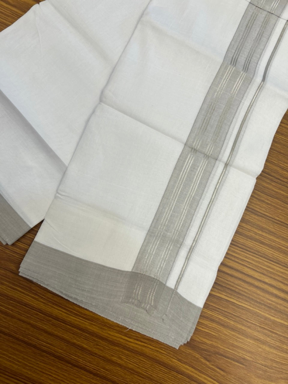 Linen Dhoti New! 20% Discount from Kaitharikada.com - Double Mundu/Dhoti 80x90 Thread Pure White - Pure Cotton + Linen - 1.75 Inch Light Grey & Silver Kasav Striped Kara 4 mtr (8.5 muzham) - 2 KK5306 THI