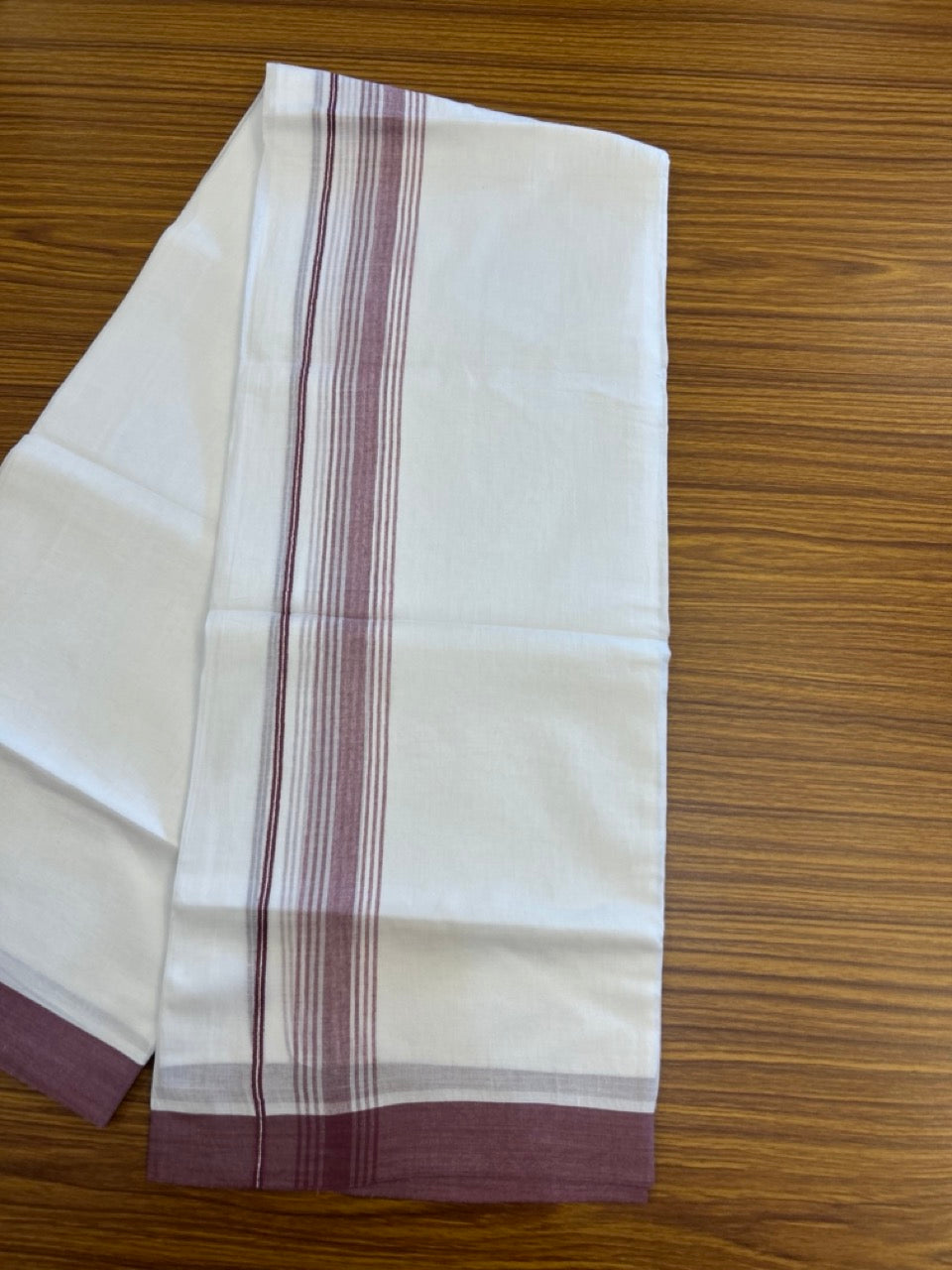 22% Discount ! Kaitharikada Balaramapuram 100% Cotton Pure White Double Mundu/Dothi - 60s - 1.5 inch Purple Wine Shaded Striped Kara 3.80 mtr (8 muzham) - 10 KK5306 THI