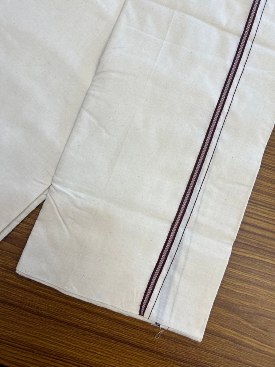25% Discount!! Signature Kaitharikada Exclusive Single Dhoti - 100% Cotton Balaramapuram Handloom Single Mundu/Dhoti - Off White (Unbleached)- 1 cm Brown Striped Kara (2 meter / 4 muzham) - 7 KK5304KAI