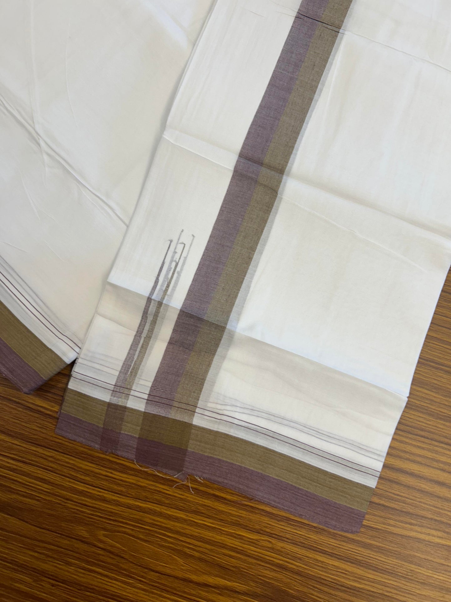 20% Discount ! KaithariKada Balaramapuram 100% Cotton Pure white Double Mundu/Dhoti - 100x80 - 1.75 inch Dark Mustard & Wine chutty 4 M (8.5 muzham) - 52 KK5363 VIN