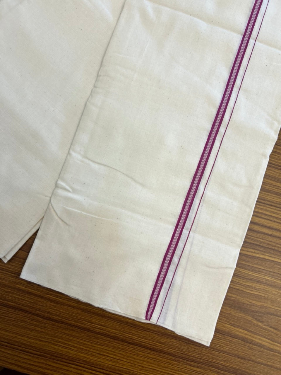 25% Discount!! Signature Kaitharikada Exclusive Single Dhoti - 100% Cotton Balaramapuram Handloom Single Mundu/Dhoti - Off White (Unbleached)- 1 cm Magenta Striped Kara (2 meter / 4 muzham) - 8 KK5304KAI