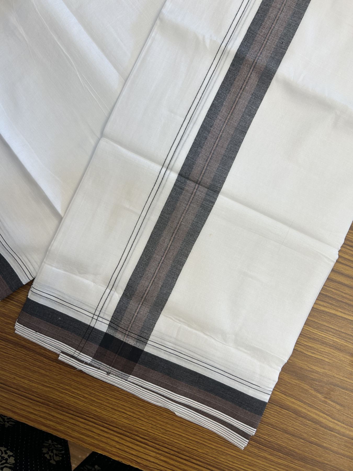 20% Discount! KaithariKada Balaramapuram 100% Cotton Double Pure white Mundu/Dhoti - 100X80 - 1.5 inch Black & Brown shaded kara - 4 mtr ( 8.5 muzham) - 117 KK5341 VIN