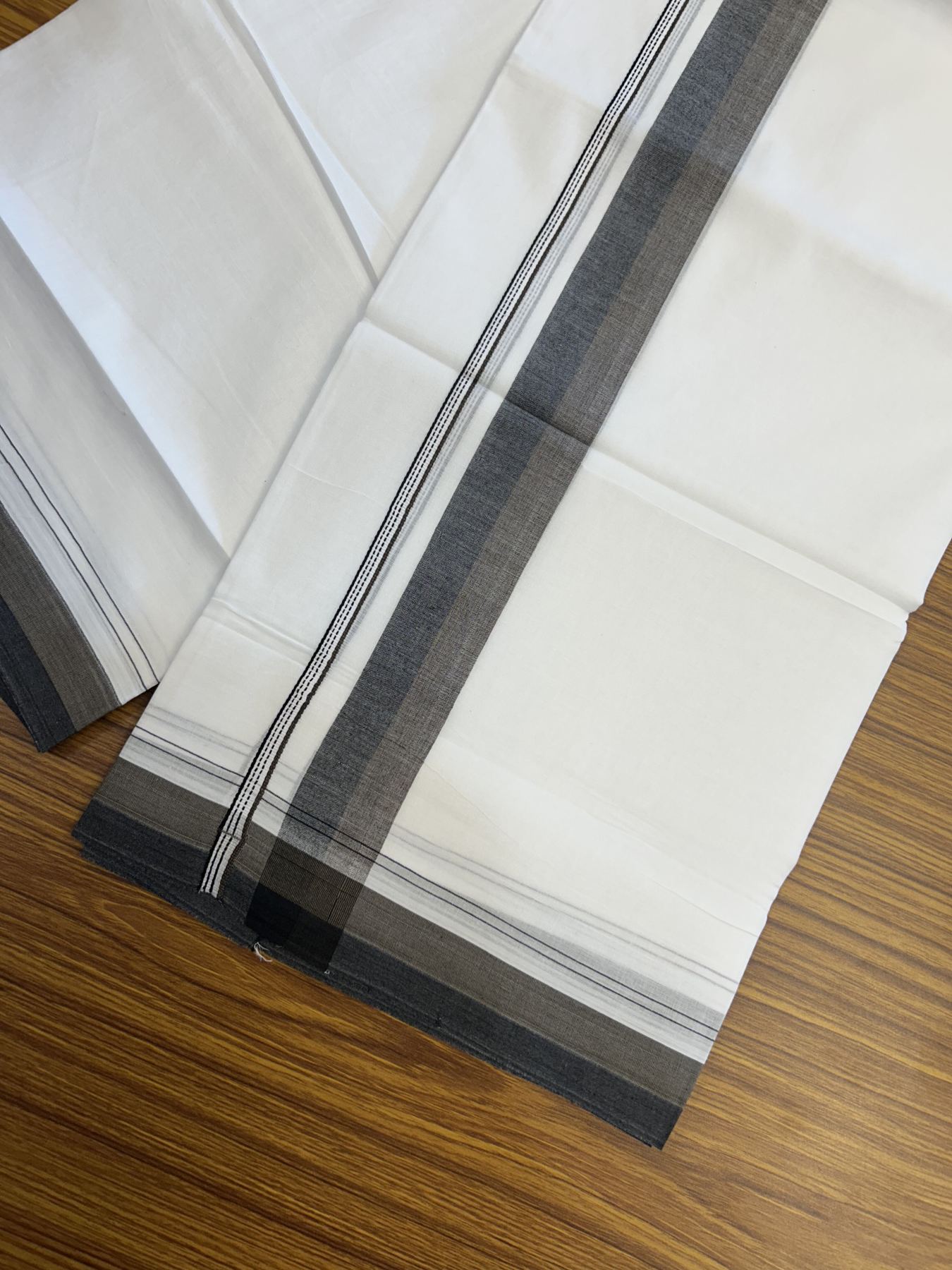 20% Discount! KaithariKada Balaramapuram 100% Cotton Double Pure white Mundu/Dhoti - 100X80 - 1.5 inch Black & Army Green shaded kara - 4 mtr ( 8.5 muzham) - 109 KK5341 VIN