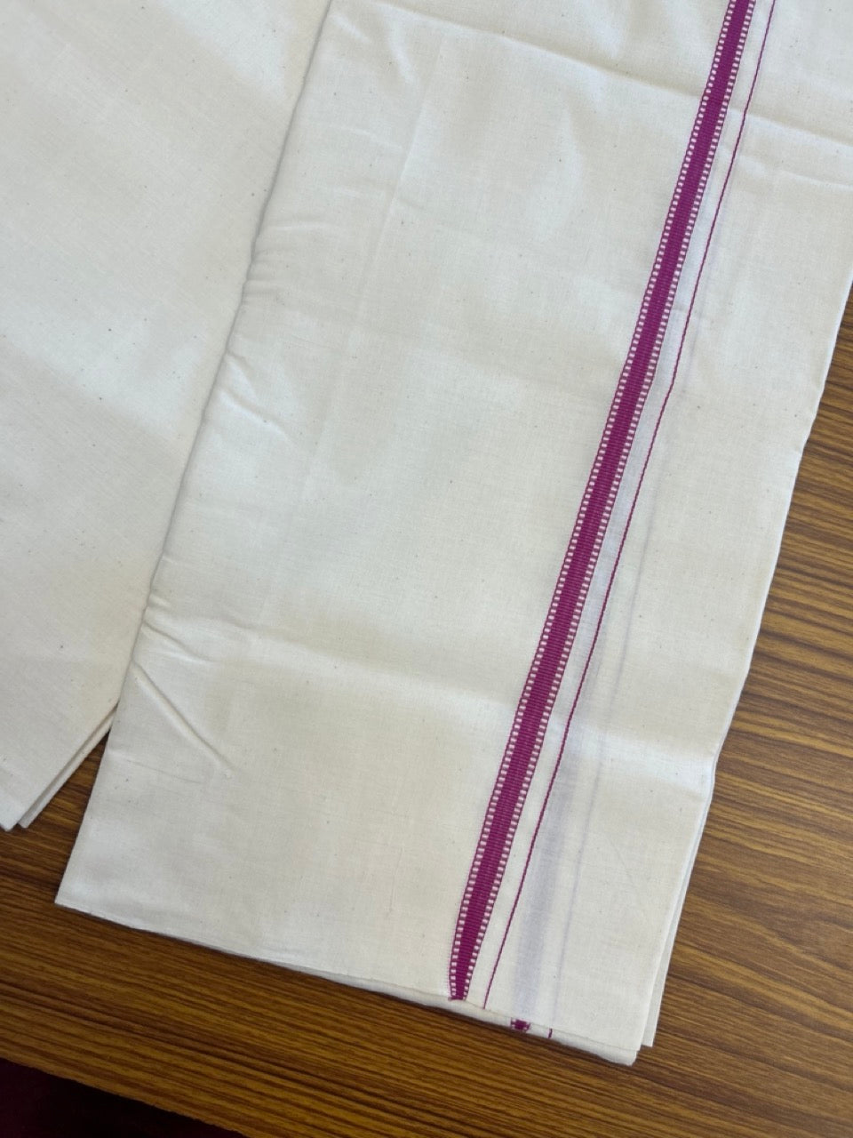 25% Discount!! Signature Kaitharikada Exclusive Single Dhoti - 100% Cotton Balaramapuram Handloom Single Mundu/Dhoti - Off White (Unbleached)- 1 cm Magenta Striped Kara (2 meter / 4 muzham) - 9 KK5304KAI