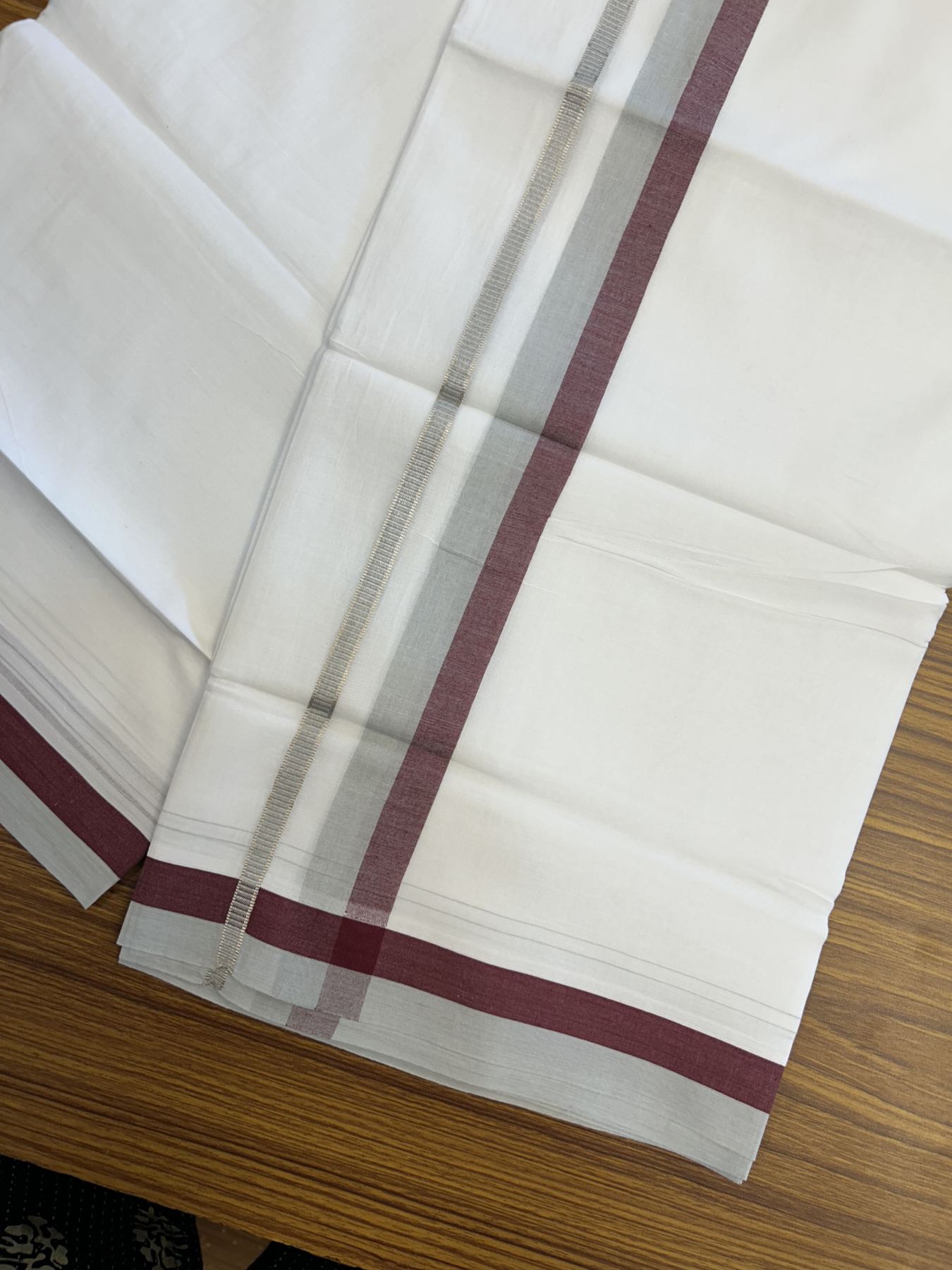 20% Discount! KaithariKada Balaramapuram 100% Cotton Double Pure white Mundu/Dhoti - 100X80 - 1.25 inch Silver Kasav Grey & Maroon shaded kara - 4 mtr ( 8.5 muzham) - 87 KK5341 VIN