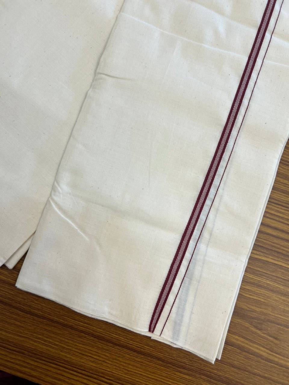 25% Discount!! Signature Kaitharikada Exclusive Single Dhoti - 100% Cotton Balaramapuram Handloom Single Mundu/Dhoti - Off White (Unbleached)- 1 cm Maroon Striped Kara (2 meter / 4 muzham) - 6 KK5304KAI