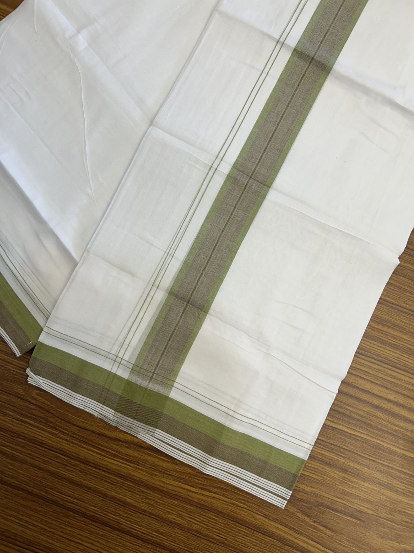 20% Discount! KaithariKada Balaramapuram 100% Cotton Double Pure white Mundu/Dhoti - 100X80 - 1.5 inch Light Green & Purple shaded Stripes kara - 4 mtr ( 8.5 muzham) - 116 KK5341 VIN