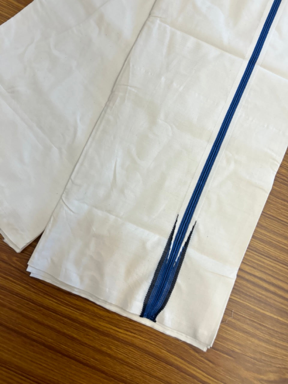 20% Discount ! KaithariKada Balaramapuram 100%  Cotton Single Off White - (Unbleached) Mundu/Dhoti-100X100- 1 Inch  Puliyilakkara Black & Blue Chutty Kara (2 meter / 4 muzham)- 10 KK5303 ASH