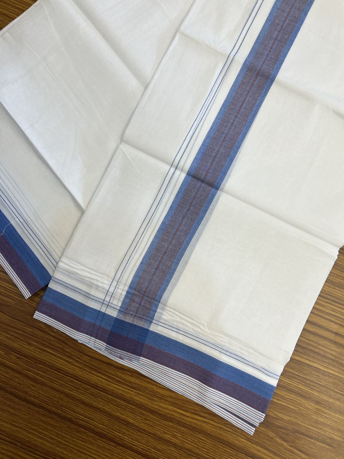 20% Discount! KaithariKada Balaramapuram 100% Cotton Double Pure white Mundu/Dhoti - 100X80 - 1.5 inch Blue & Maroon shaded Stripes kara - 4 mtr ( 8.5 muzham) - 123 KK5341 VIN