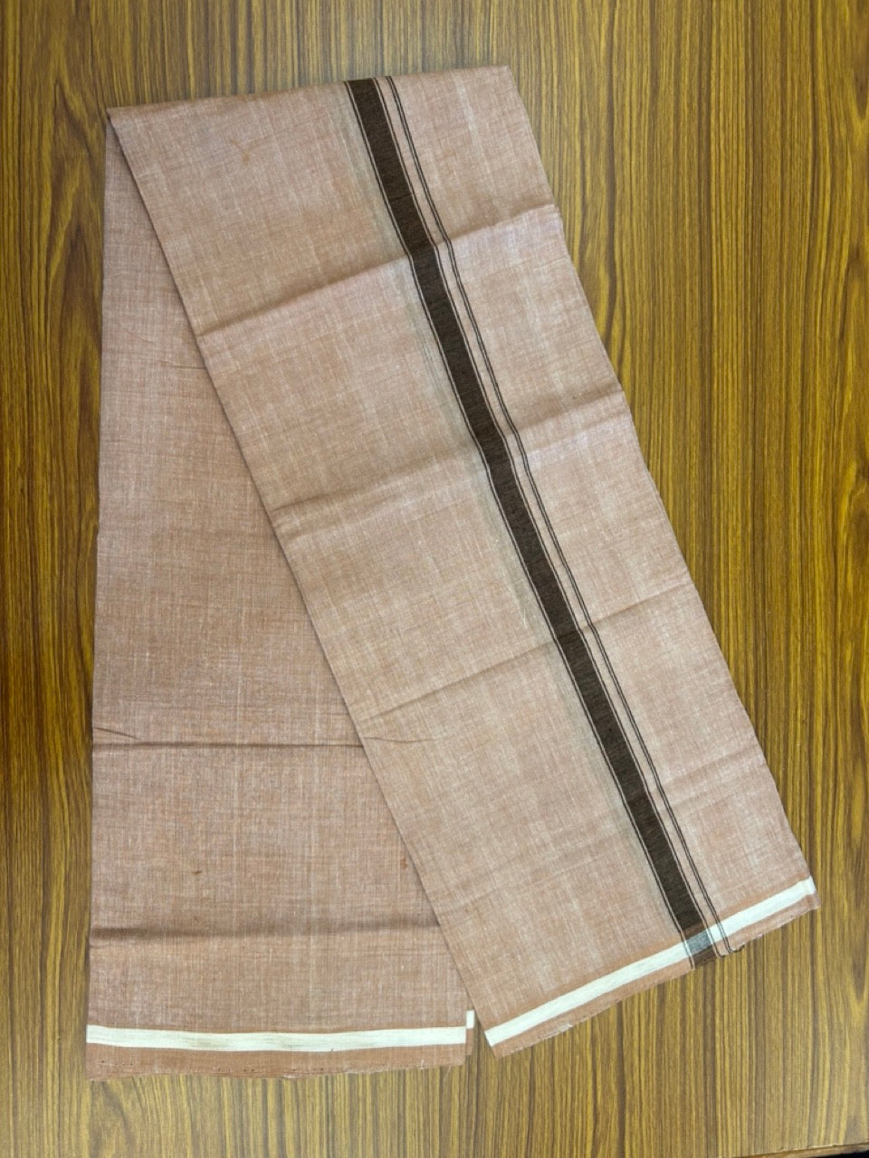 Handloom Single Hallmarked - 10% Discount !! KaithariKada 100% Pure Cotton - Mundu/Dhoti 0.75 inch Brown Kara with Peach brown colour Body - (2 meter / 4 muzham) - 38 KK8032 ELA