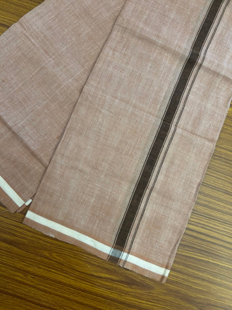 Handloom Single Hallmarked - 10% Discount !! KaithariKada 100% Pure Cotton - Mundu/Dhoti 0.75 inch Brown Kara with Peach brown colour Body - (2 meter / 4 muzham) - 38 KK8032 ELA