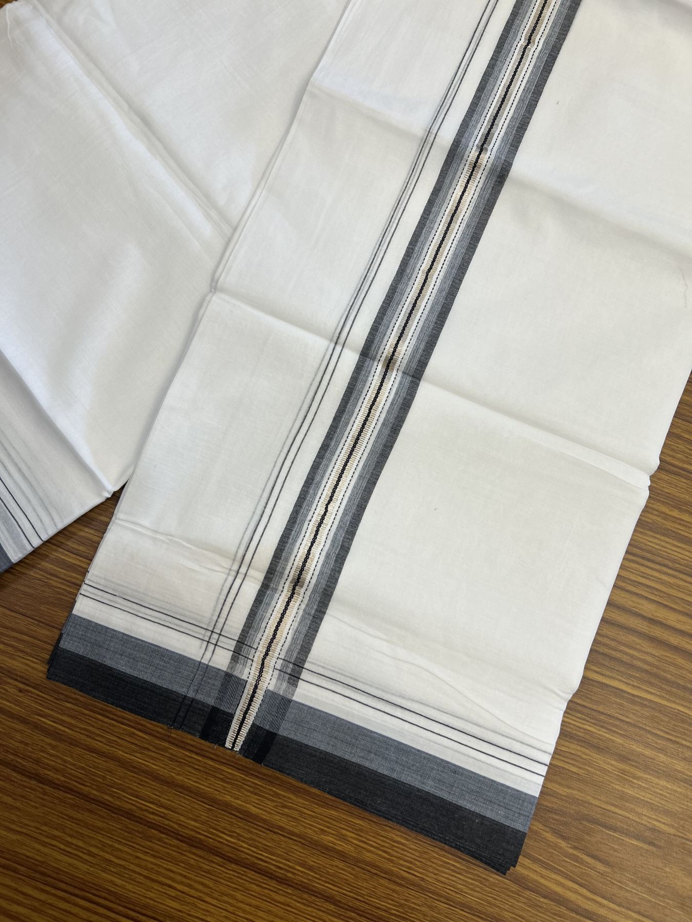 20% Discount! KaithariKada Balaramapuram 100% Cotton Double Pure white Mundu/Dhoti - 100X80 - 1.5 inch Silver Black & Ash Blue shaded Stripes kara - 4 mtr ( 8.5 muzham) - 134 KK5341 VIN