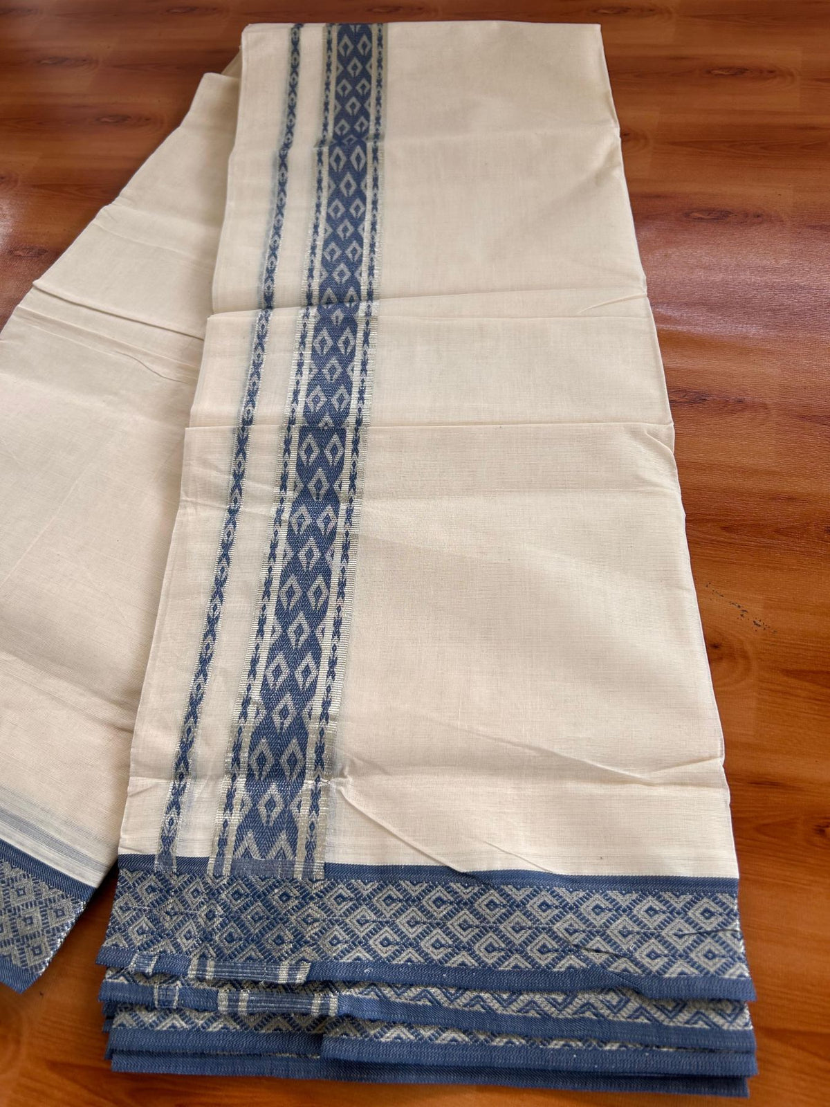 Double Off White (Unbleached) Mund/Dhoti - 20% Discount! KaithariKada 100% Cotton - 100x80- 1.75 inch Dark Azure Blue Silver Kasav Jacquard Design Kara 4 mtr (8.5 Muzham) - 37 KK5520 PMC