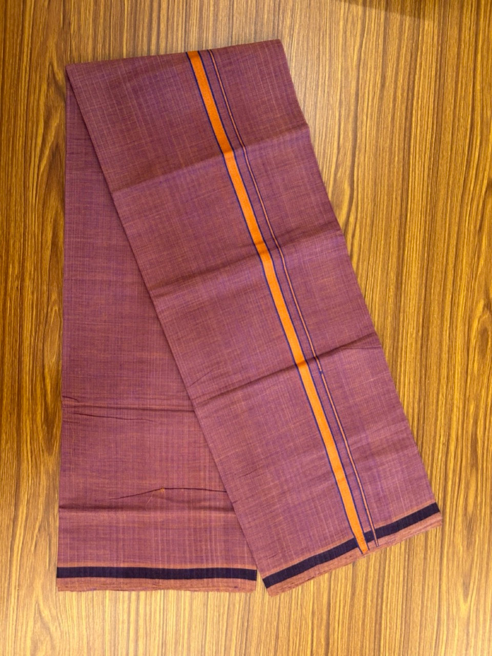 Handloom Single Hallmarked - 10% Discount !! KaithariKada 100% Pure Cotton - Mundu/Dhoti - Onion Pink Body - 0.75 inch Orange & Blue Stripes Kara- (2 meter / 4 muzham) - 51 KK8032 ELA