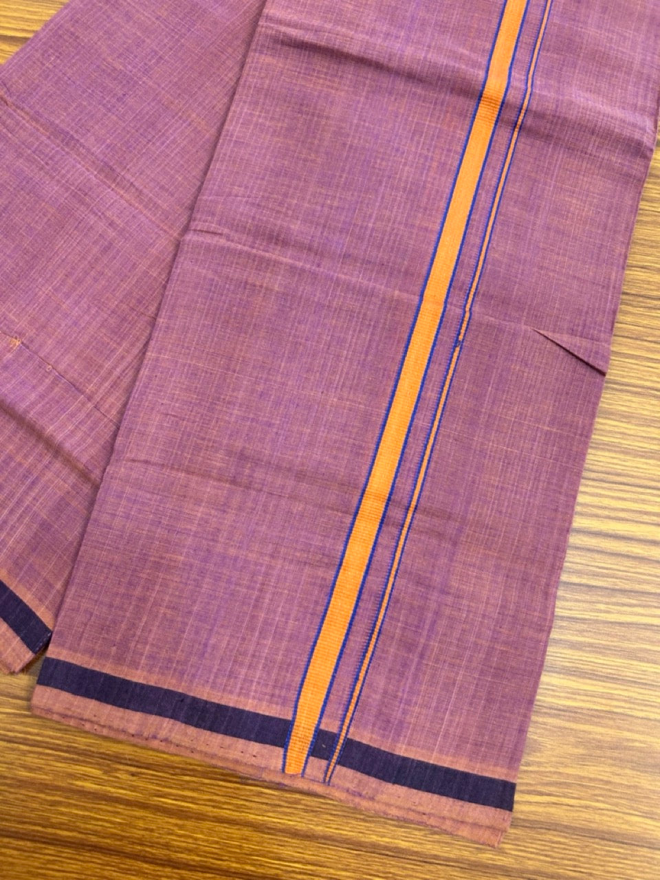 Handloom Single Hallmarked - 10% Discount !! KaithariKada 100% Pure Cotton - Mundu/Dhoti - Onion Pink Body - 0.75 inch Orange & Blue Stripes Kara- (2 meter / 4 muzham) - 51 KK8032 ELA