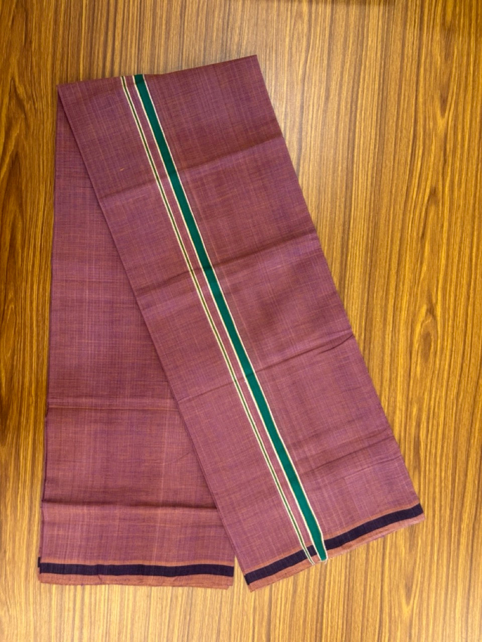 Handloom Single Hallmarked - 10% Discount !! KaithariKada 100% Pure Cotton - Mundu/Dhoti - Onion Pink Body - 0.5 inch Dark Green & Orange Stripes Kara- (2 meter / 4 muzham) - 53 KK8032 ELA